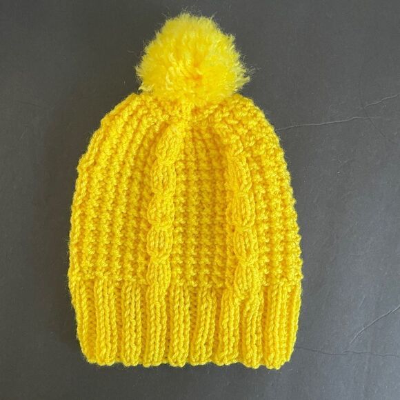Handmade Pom Pom Knit Hat Yellow - Picture 3 of 5